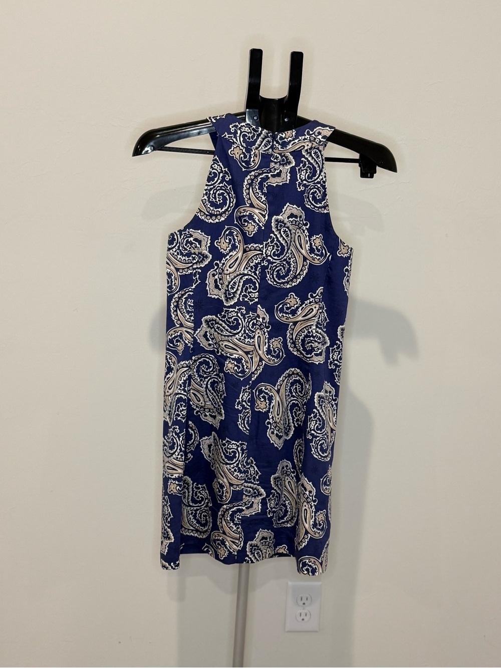 LOFT Petites Paisley Shift Dress 0P Navy Blue Beige Sleeveless Lined - Picture 4 of 8